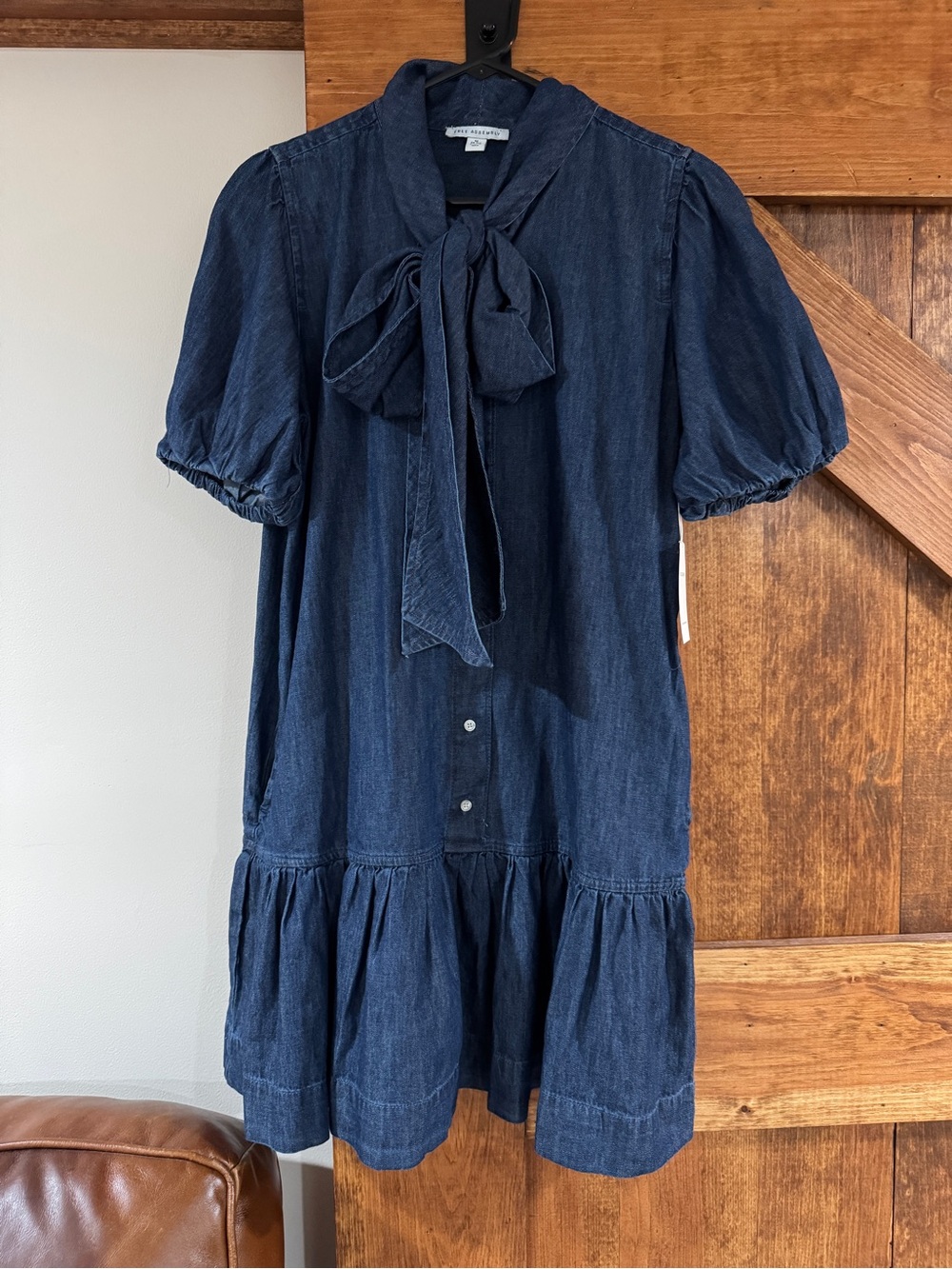 Ladies Navy Denim Bow-Tie Tiered Dress